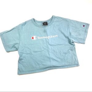 Champion Crop Tee Vintage Script Logo Women's Short Sleeve Light Blue Sz Medium